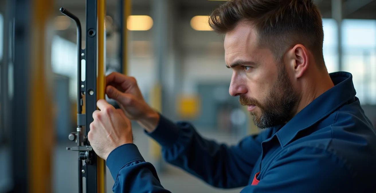 Technicien certifié vérifiant les points d'ancrage d'un coffre-fort avec des instruments de mesure