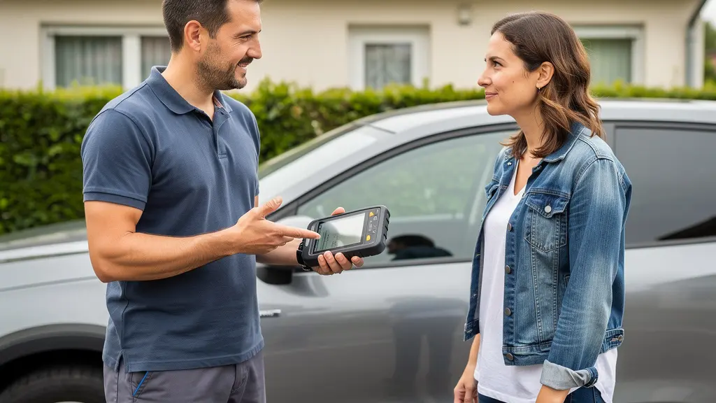 Serrurier automobile montrant écran diagnostic à propriétaire véhicule