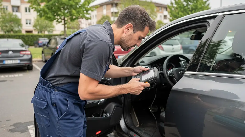 Serrurier automobile intervenant sur portière de véhicule avec outil diagnostic